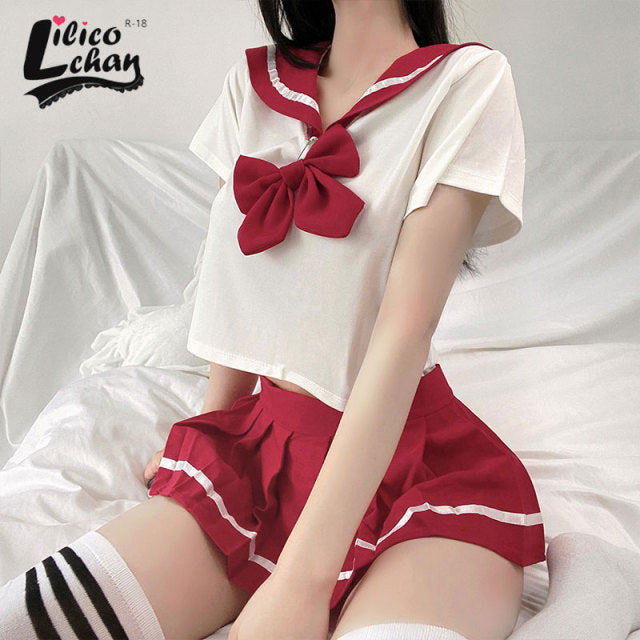 Schoolgirl Lingerie Women Japanese Sailor Collar Cosplay Costumes Sexy Uniform Bow Tempatation with Mini Pleated Skirt Student