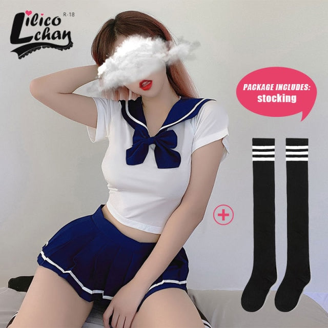 Schoolgirl Lingerie Women Japanese Sailor Collar Cosplay Costumes Sexy Uniform Bow Tempatation with Mini Pleated Skirt Student