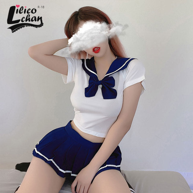 Schoolgirl Lingerie Women Japanese Sailor Collar Cosplay Costumes Sexy Uniform Bow Tempatation with Mini Pleated Skirt Student