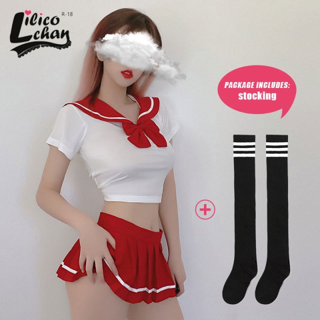 Schoolgirl Lingerie Women Japanese Sailor Collar Cosplay Costumes Sexy Uniform Bow Tempatation with Mini Pleated Skirt Student