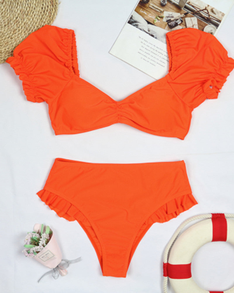 Sexy Bikini New 2 Piece Women Swimsuit Solid Color Short Puff Sleeve Summer High Waist Cut Backless Bathing Suit Beachwear