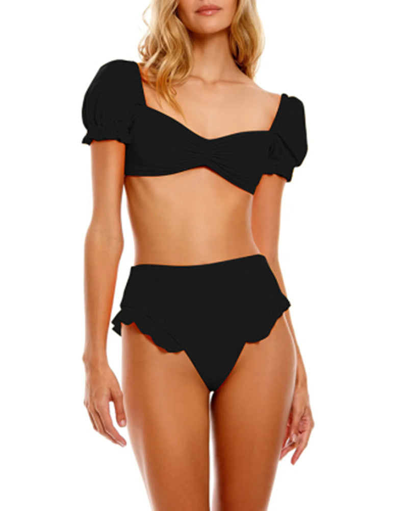 Sexy Bikini New 2 Piece Women Swimsuit Solid Color Short Puff Sleeve Summer High Waist Cut Backless Bathing Suit Beachwear