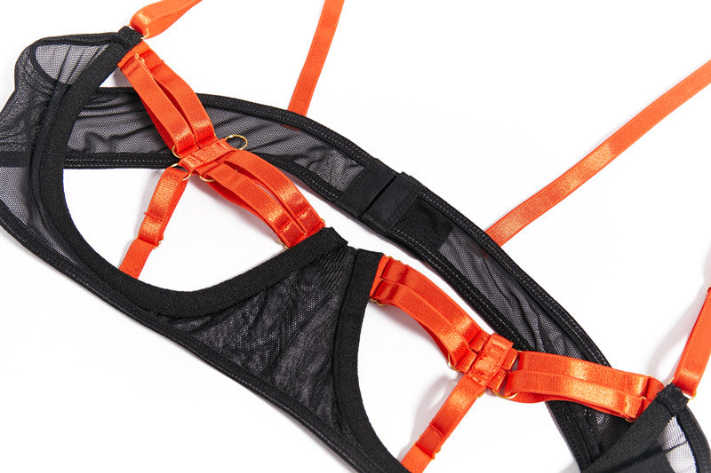 MIRABELLE Sexy Lingerie Hollow Out Erotic Costumes Transparent Bra Thong Outfits Hot Porn Lingerie Bottom Whore 4-Piece Sex Suit