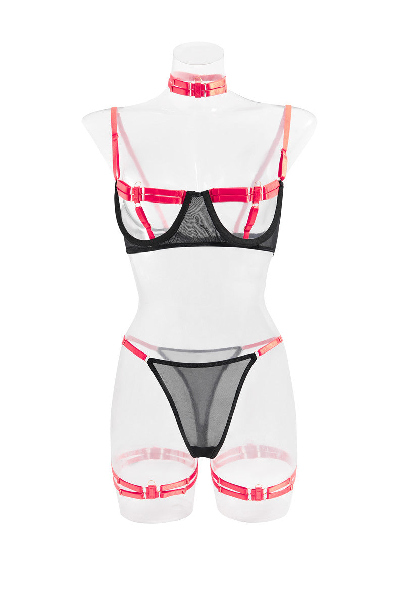 MIRABELLE Sexy Lingerie Hollow Out Erotic Costumes Transparent Bra Thong Outfits Hot Porn Lingerie Bottom Whore 4-Piece Sex Suit