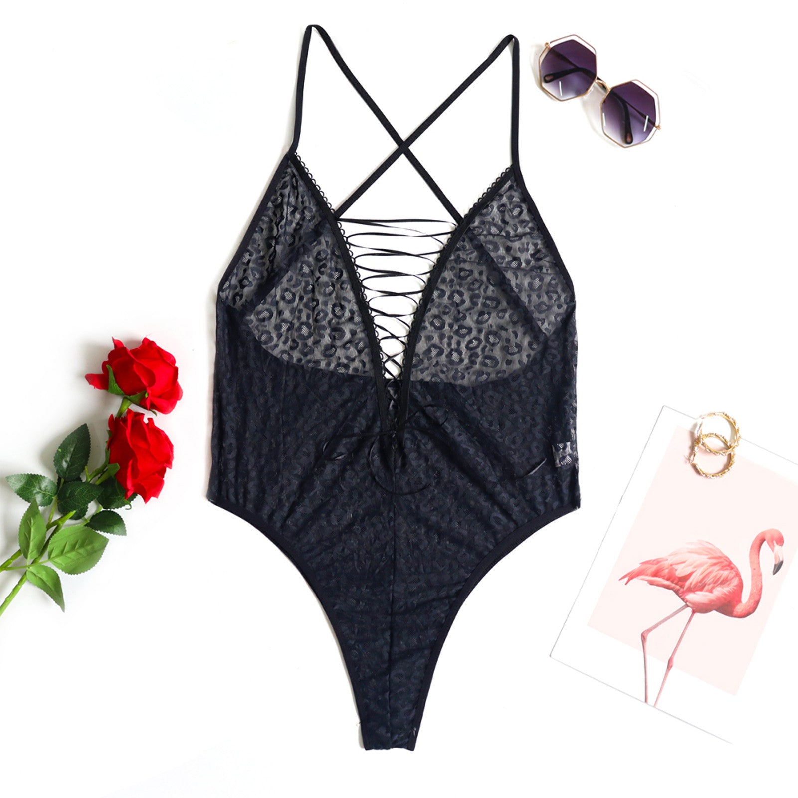Plus Size Ladies Sexy Leopard-Print Mesh Lace-Up One pc Sexy Lingerie  Femme Underwear ropa sexy mujer Sleepwear