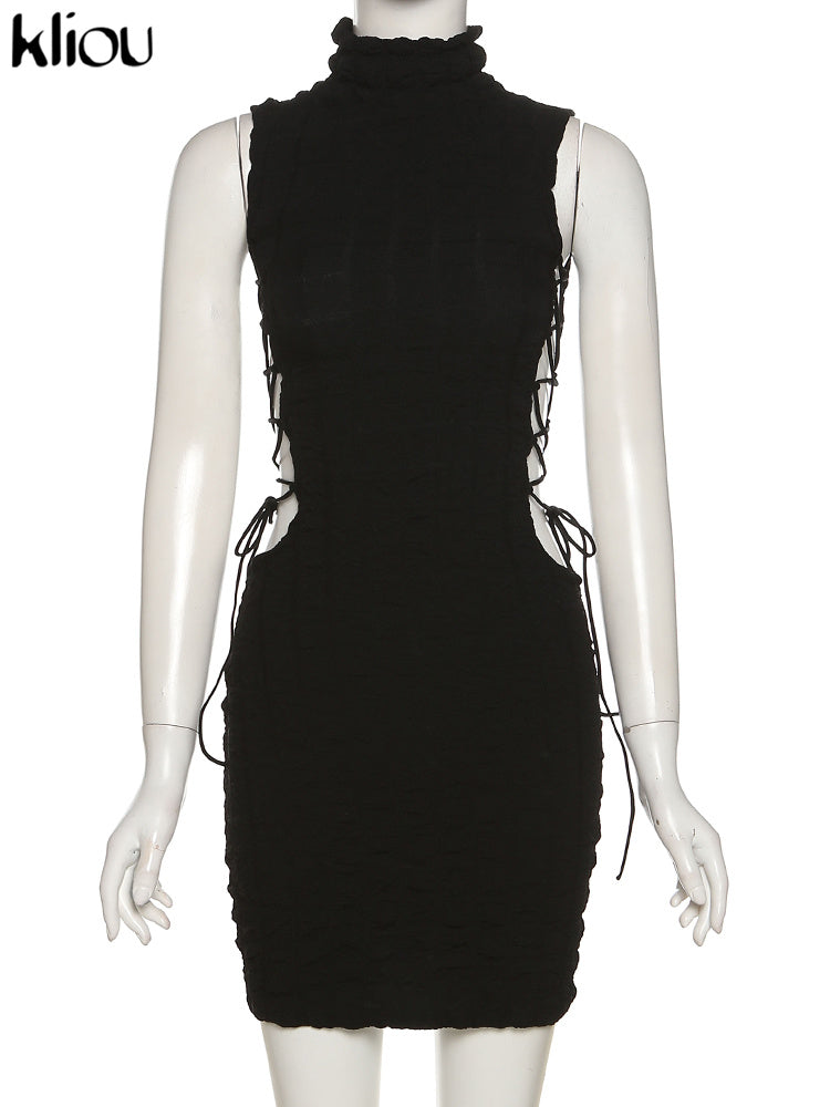 Kliou Stunning Stacked Mini Dress Women Sexy Solid Mock Neck Sleeveless Draw String Bodycon Party Clubwear Elegant Female Skirt