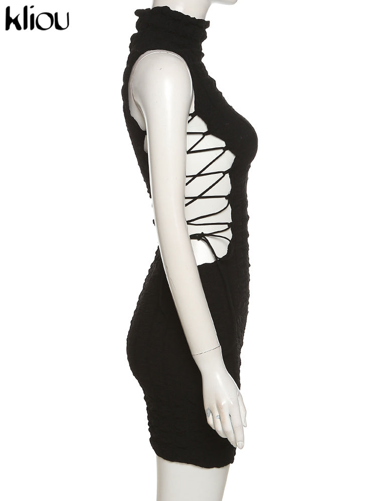 Kliou Stunning Stacked Mini Dress Women Sexy Solid Mock Neck Sleeveless Draw String Bodycon Party Clubwear Elegant Female Skirt
