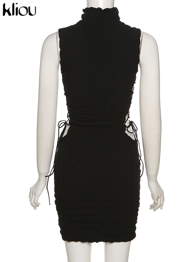 Kliou Stunning Stacked Mini Dress Women Sexy Solid Mock Neck Sleeveless Draw String Bodycon Party Clubwear Elegant Female Skirt