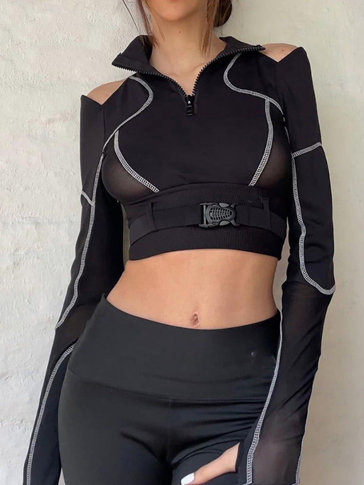 Goth Dark Techwear Grunge Black Buckle Patchwork T-shirts Women Punk Sexy Open Shoulder Skinny Cropped Tops Hip Hop Streetwear