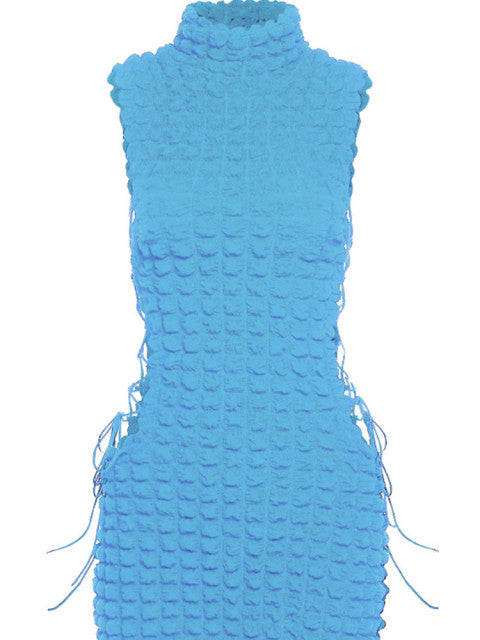 Kliou Stunning Stacked Mini Dress Women Sexy Solid Mock Neck Sleeveless Draw String Bodycon Party Clubwear Elegant Female Skirt