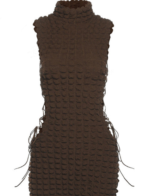 Kliou Stunning Stacked Mini Dress Women Sexy Solid Mock Neck Sleeveless Draw String Bodycon Party Clubwear Elegant Female Skirt