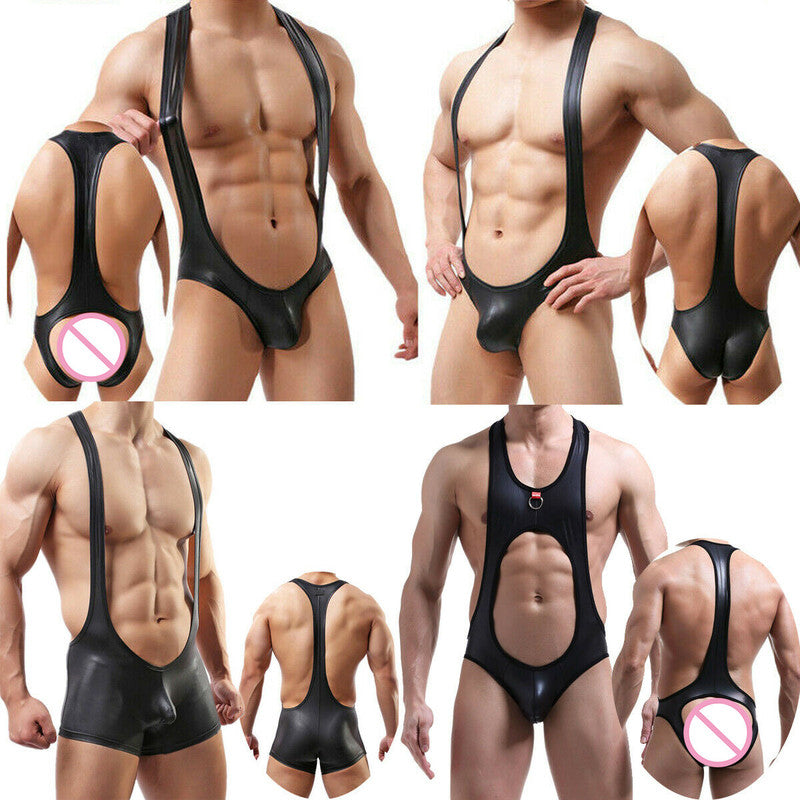 Mens Sexy PU Leather Bodysuit Jockstrap Underwear Wrestling Singlet Leotard Jumpsuit Suspender Overalls Sexy Gay Teddy Underwear