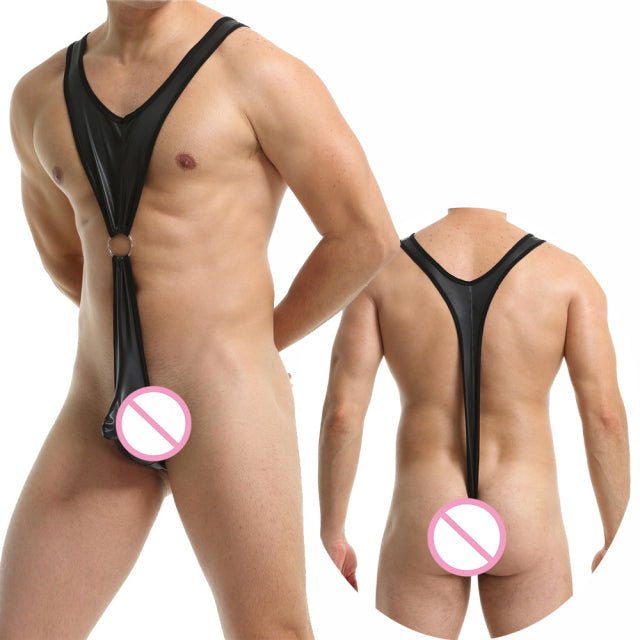 Mens Sexy PU Leather Bodysuit Jockstrap Underwear Wrestling Singlet Leotard Jumpsuit Suspender Overalls Sexy Gay Teddy Underwear