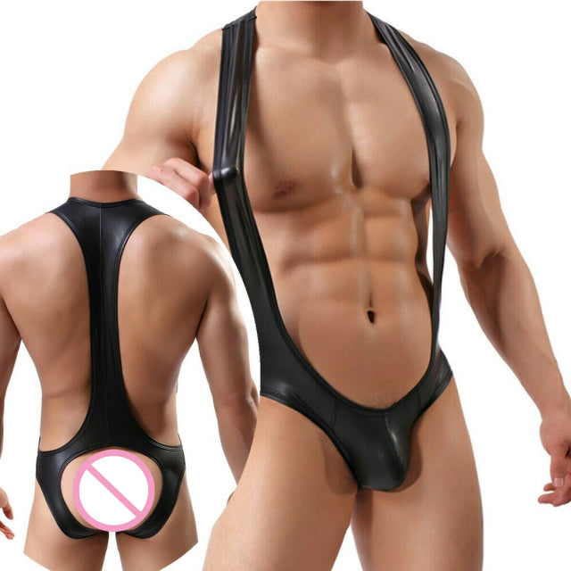 Mens Sexy PU Leather Bodysuit Jockstrap Underwear Wrestling Singlet Leotard Jumpsuit Suspender Overalls Sexy Gay Teddy Underwear