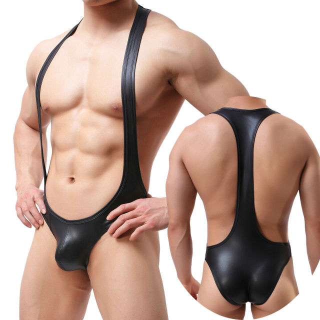 Mens Sexy PU Leather Bodysuit Jockstrap Underwear Wrestling Singlet Leotard Jumpsuit Suspender Overalls Sexy Gay Teddy Underwear