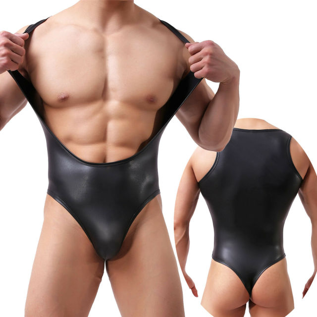 Mens Sexy PU Leather Bodysuit Jockstrap Underwear Wrestling Singlet Leotard Jumpsuit Suspender Overalls Sexy Gay Teddy Underwear