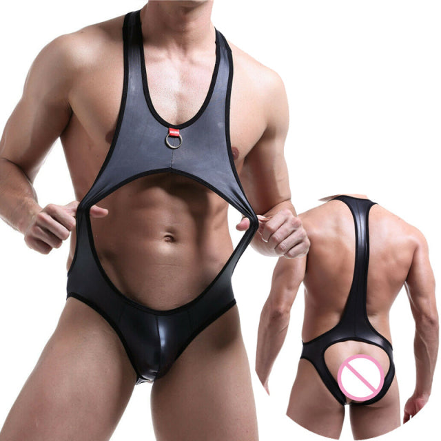 Mens Sexy PU Leather Bodysuit Jockstrap Underwear Wrestling Singlet Leotard Jumpsuit Suspender Overalls Sexy Gay Teddy Underwear