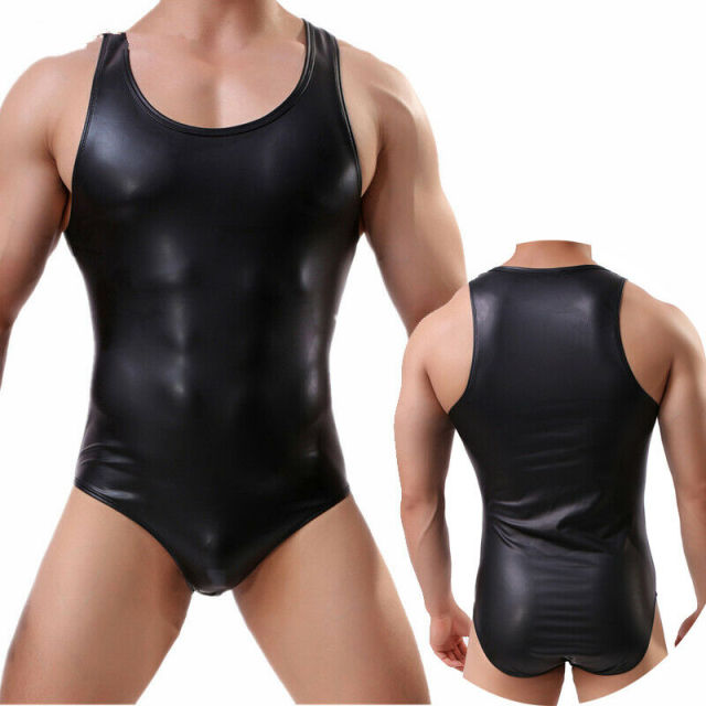 Mens Sexy PU Leather Bodysuit Jockstrap Underwear Wrestling Singlet Leotard Jumpsuit Suspender Overalls Sexy Gay Teddy Underwear