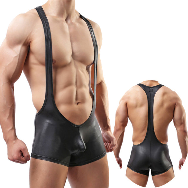 Mens Sexy PU Leather Bodysuit Jockstrap Underwear Wrestling Singlet Leotard Jumpsuit Suspender Overalls Sexy Gay Teddy Underwear