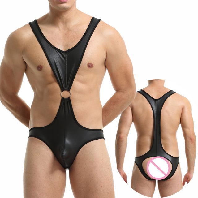 Mens Sexy PU Leather Bodysuit Jockstrap Underwear Wrestling Singlet Leotard Jumpsuit Suspender Overalls Sexy Gay Teddy Underwear