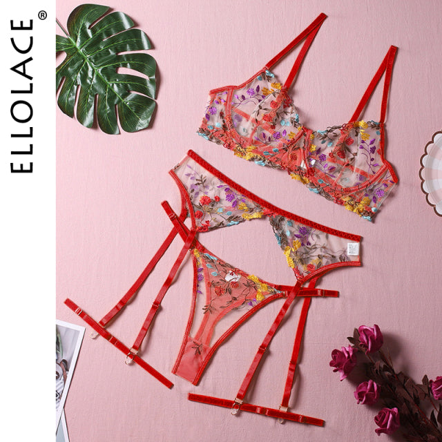 Ellolace Lingerie Sensual Lace Underwear Transparent Embroidery 3-Piece