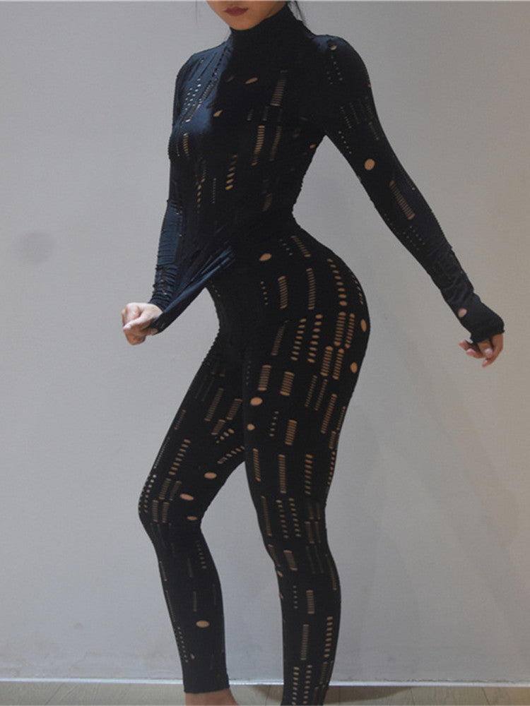 Kliou Biker Style Two Piece Set Women Hollow Out Long Sleeve Turtleneck Top+Solid Sheath Stretchy Waist Female Pants