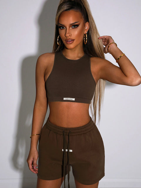 Kliou Sporty Two Piece Set Women Active Halter Vest Crop Tops+Drawstring Sweatpants Matching Outfit Casual Concise Tracksuit
