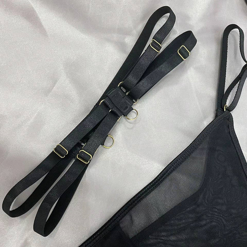 MIRABELLE Sexy Lingerie Hollow Out Erotic Costumes Transparent Bra Thong Outfits Hot Porn Lingerie Bottom Whore 4-Piece Sex Suit