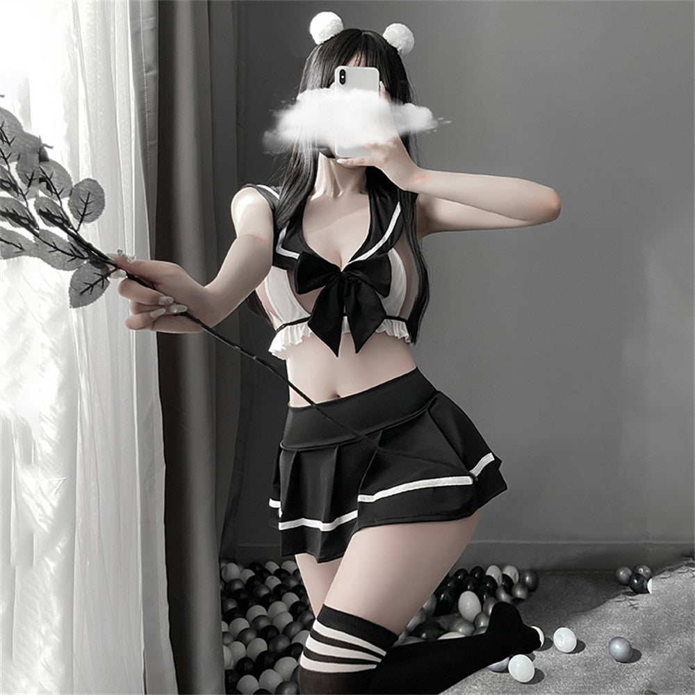 Student Sexy Cosplay JK Uniform School Girl Lingerie Lady Erotic Costume Bowknot Babydoll Dress Miniskirt Outfit For Women