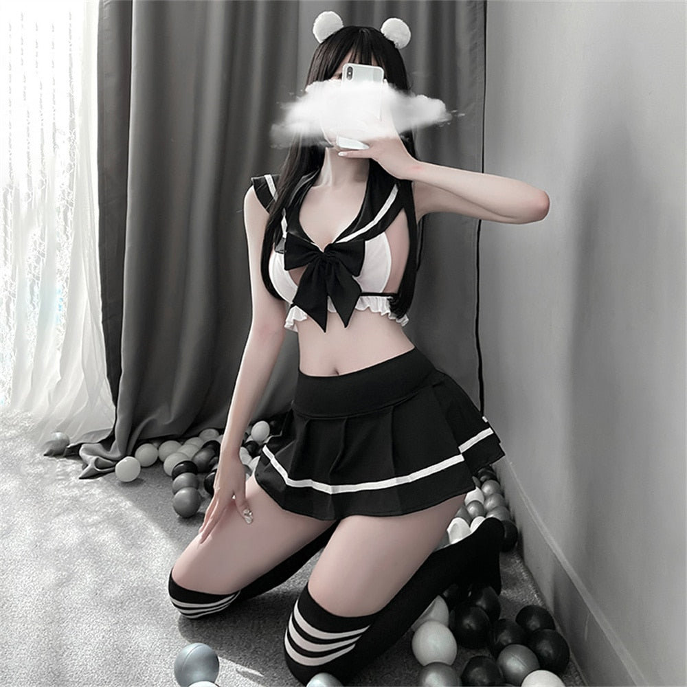 Student Sexy Cosplay JK Uniform School Girl Lingerie Lady Erotic Costume Bowknot Babydoll Dress Miniskirt Outfit For Women