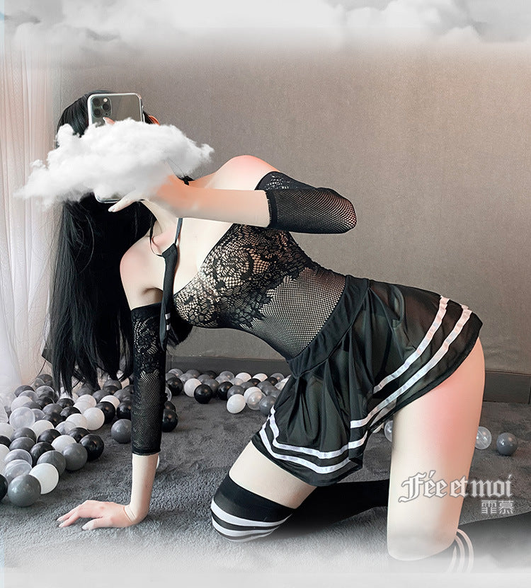 Sexy student uniform net clothes dress Lingerie erotic cosplay Schoolgirl perspective sexy student uniform sex game miniskirt