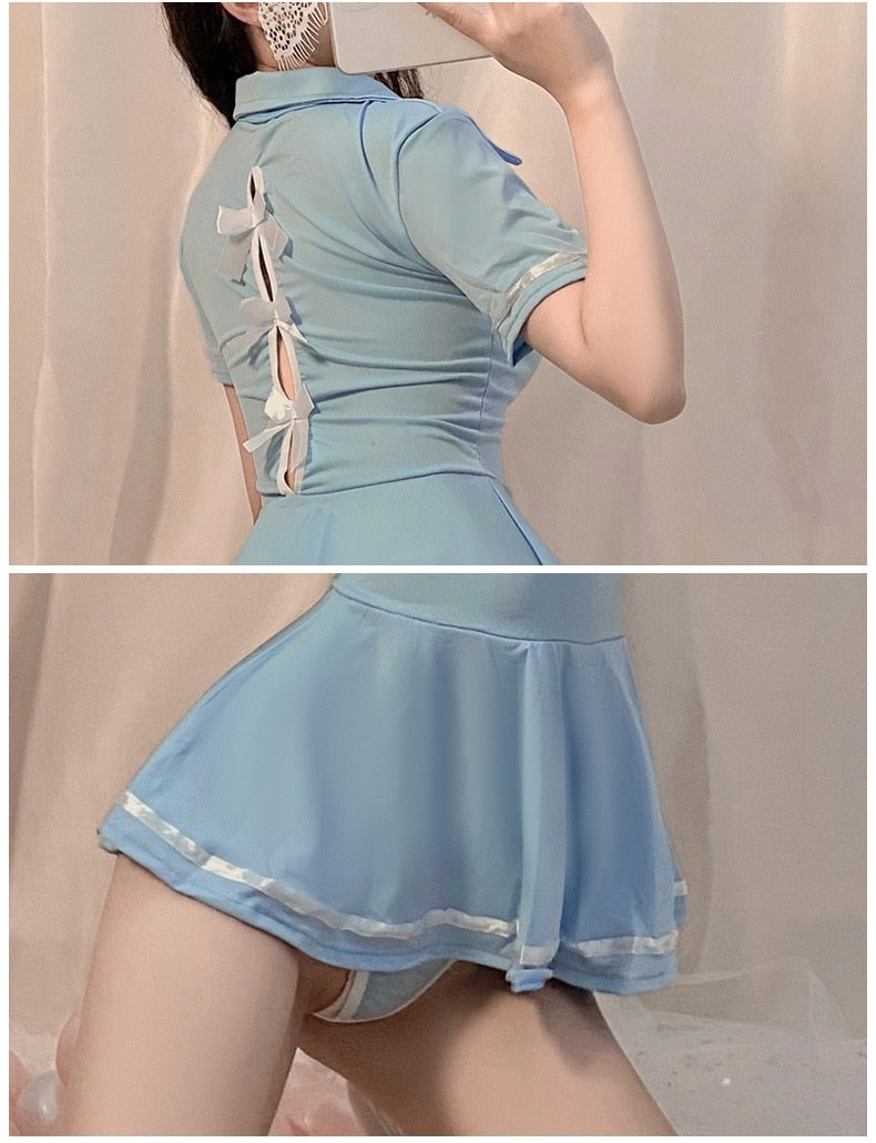 Women Sexy Cosplay Lingerie Student Uniform Set Ladies Sexy Costume Babydoll Dress Women Lace Miniskirt Outfit HOT