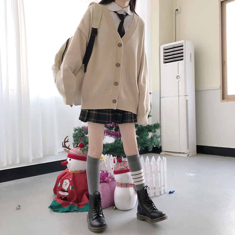 Japanese fashion College jk Loose V-neck Cardigan Sweater Female Outer Wear JK Sweater Coat japanese school uniform