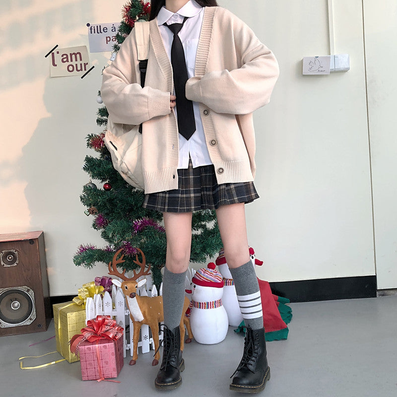 Japanese fashion College jk Loose V-neck Cardigan Sweater Female Outer Wear JK Sweater Coat japanese school uniform