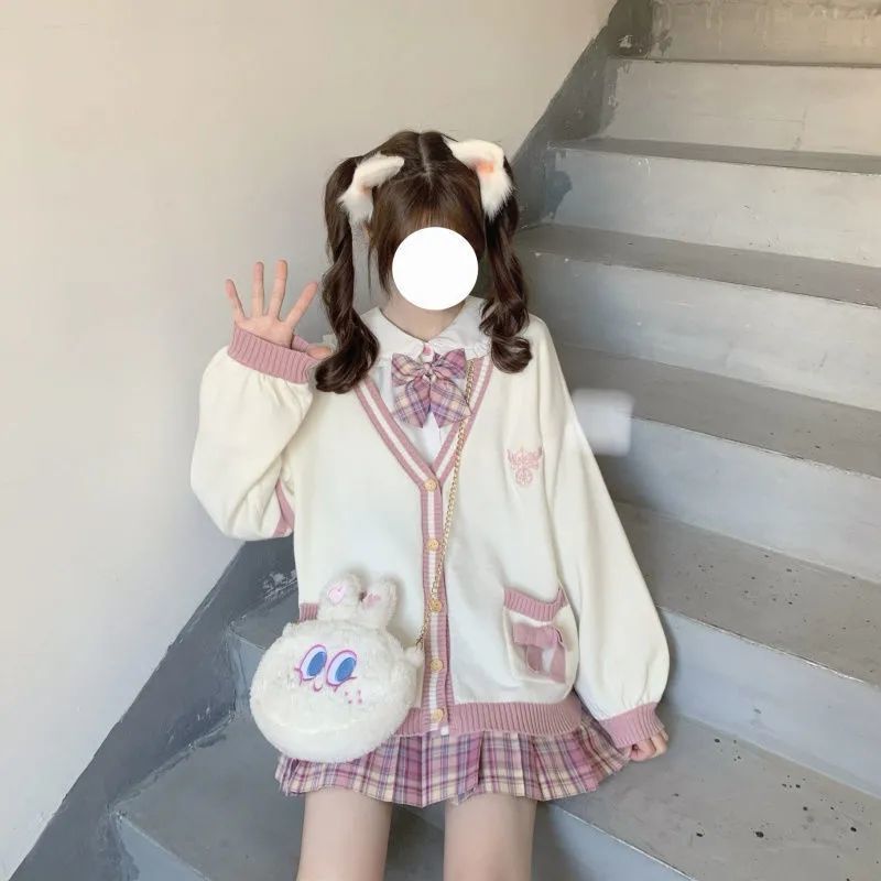 Knit Cardigan Woman Sweet  Girl Knitting Sweater Lazy College Style Loose Sleeve Harajuku Girl JK Uniform Kawaii Cardigan Coat