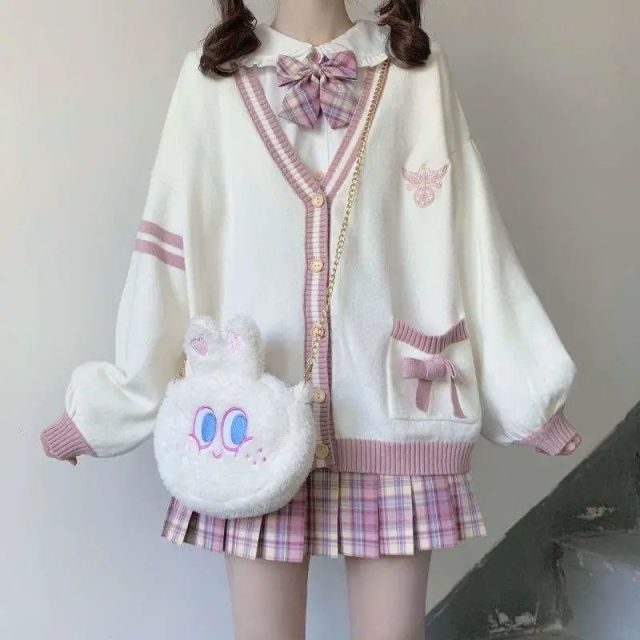 Knit Cardigan Woman Sweet  Girl Knitting Sweater Lazy College Style Loose Sleeve Harajuku Girl JK Uniform Kawaii Cardigan Coat