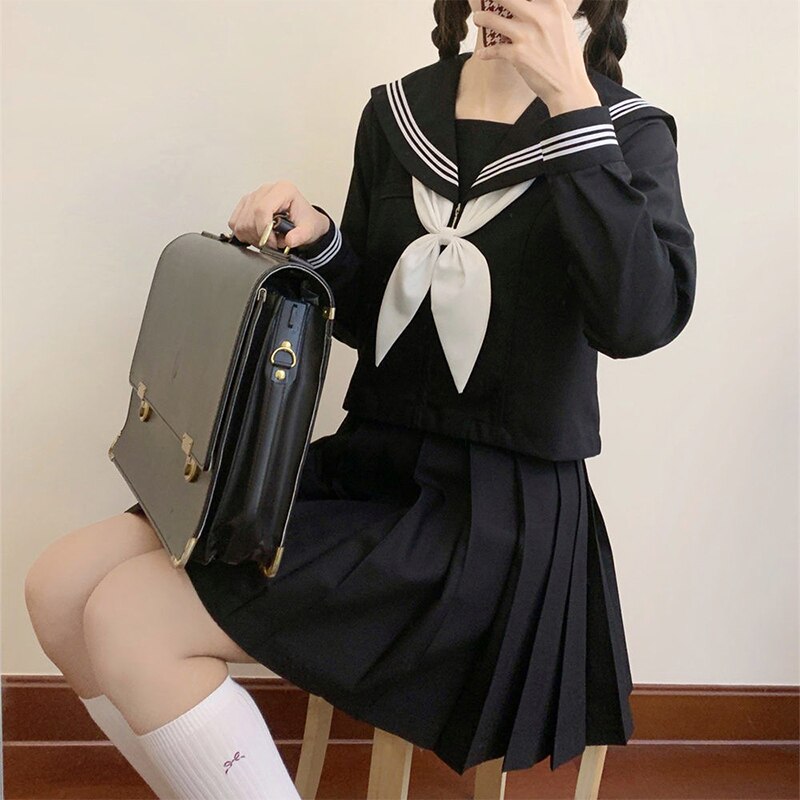 Japanese School Uniforms Style S-2xl Student Girls Navy Costume Women Sexy Black JK Suit Sailor Blouse Pleated Skirt Set