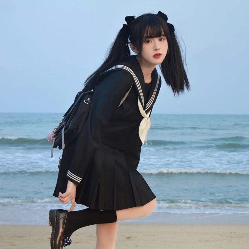 Japanese School Uniforms Style S-2xl Student Girls Navy Costume Women Sexy Black JK Suit Sailor Blouse Pleated Skirt Set