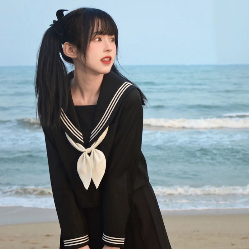 Japanese School Uniforms Style S-2xl Student Girls Navy Costume Women Sexy Black JK Suit Sailor Blouse Pleated Skirt Set