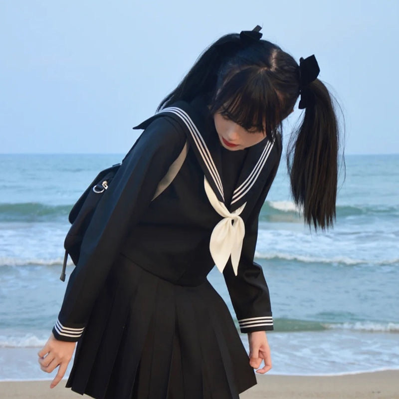 Japanese School Uniforms Style S-2xl Student Girls Navy Costume Women Sexy Black JK Suit Sailor Blouse Pleated Skirt Set
