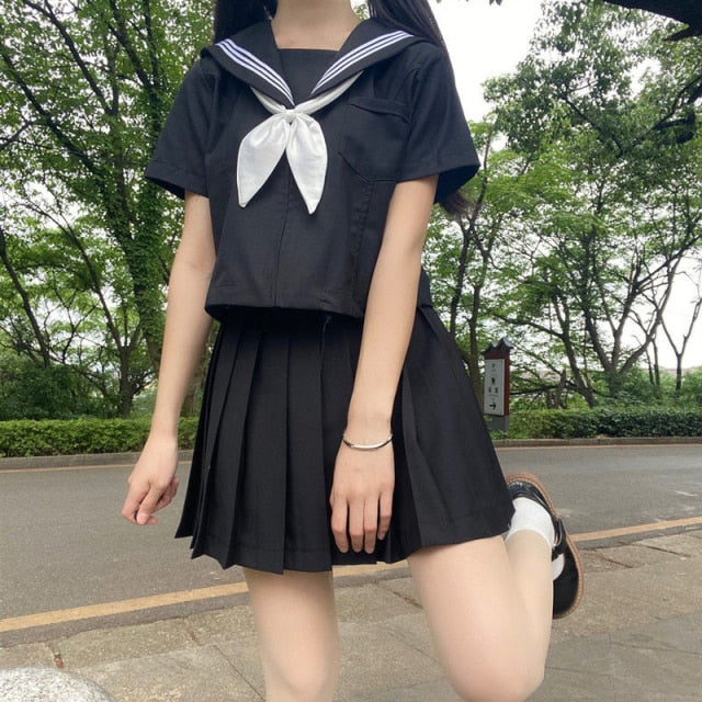 Japanese School Uniforms Style S-2xl Student Girls Navy Costume Women Sexy Black JK Suit Sailor Blouse Pleated Skirt Set