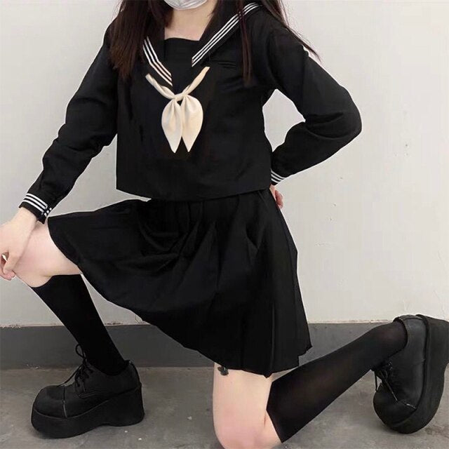 Japanese School Uniforms Style S-2xl Student Girls Navy Costume Women Sexy Black JK Suit Sailor Blouse Pleated Skirt Set