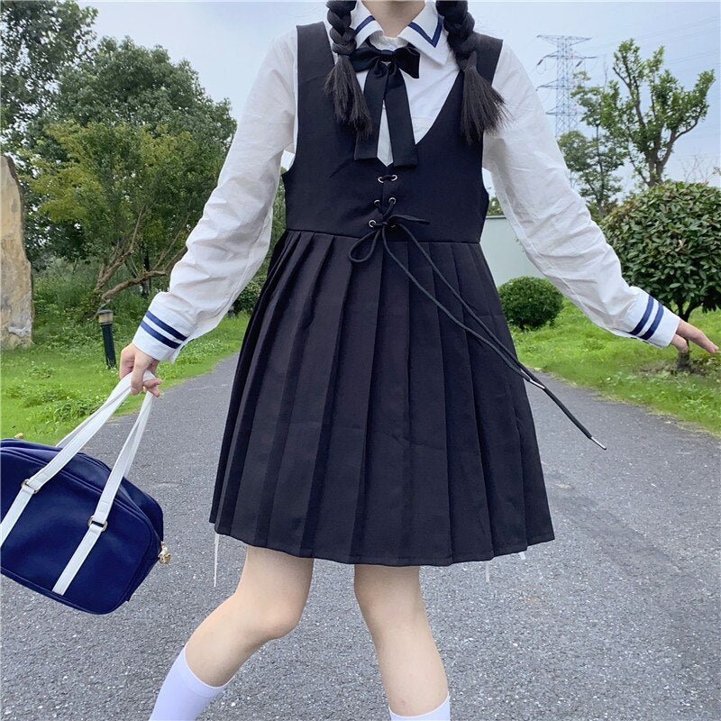 JK Uniform College Style School Uniform Japanese Fashion Bandage High Waist Slim Short Pleated Sleeveless Strap Dress