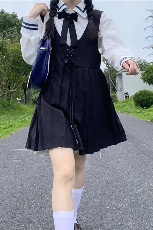 JK Uniform College Style School Uniform Japanese Fashion Bandage High Waist Slim Short Pleated Sleeveless Strap Dress