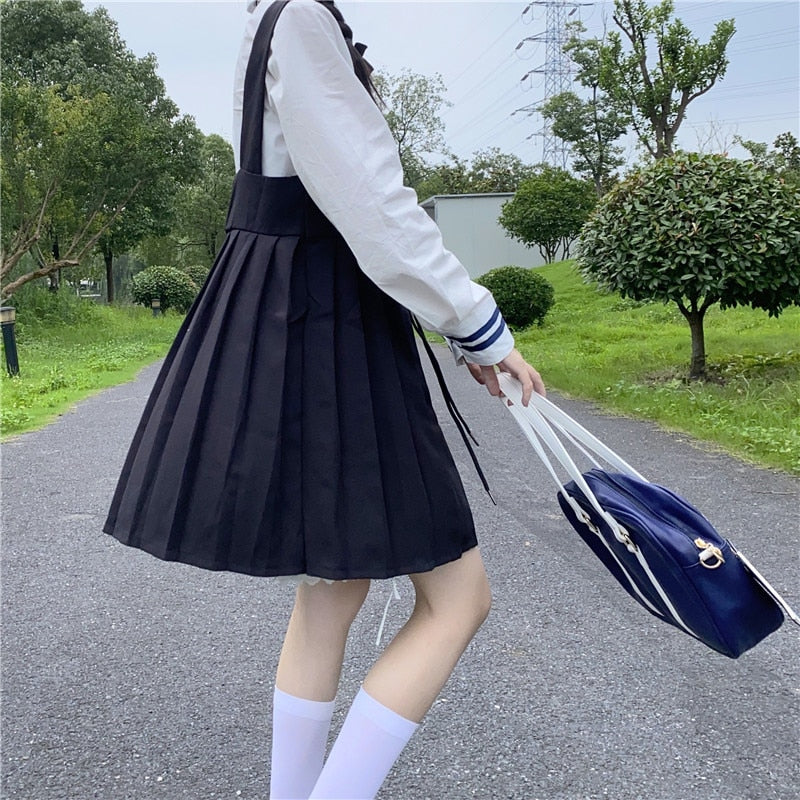 JK Uniform College Style School Uniform Japanese Fashion Bandage High Waist Slim Short Pleated Sleeveless Strap Dress
