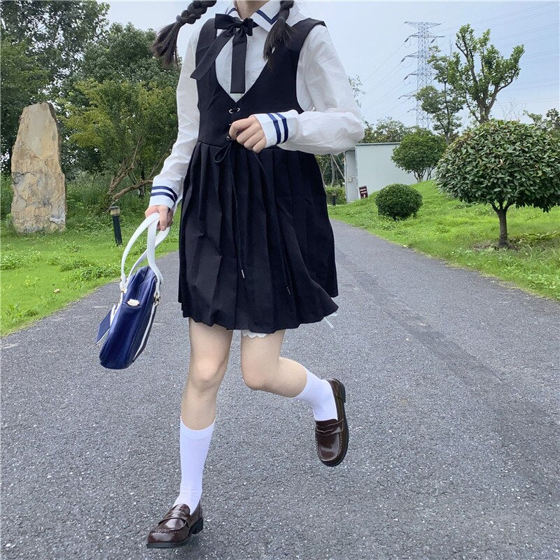 JK Uniform College Style School Uniform Japanese Fashion Bandage High Waist Slim Short Pleated Sleeveless Strap Dress