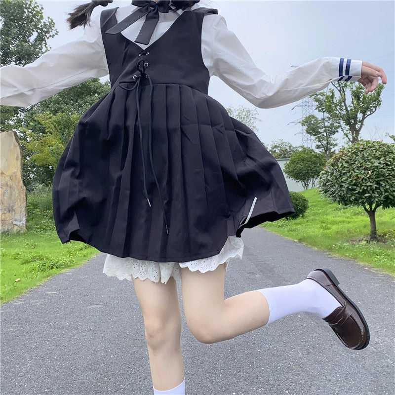 JK Uniform College Style School Uniform Japanese Fashion Bandage High Waist Slim Short Pleated Sleeveless Strap Dress