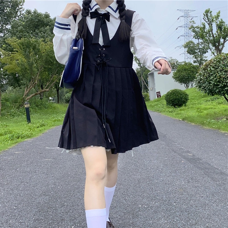 JK Uniform College Style School Uniform Japanese Fashion Bandage High Waist Slim Short Pleated Sleeveless Strap Dress