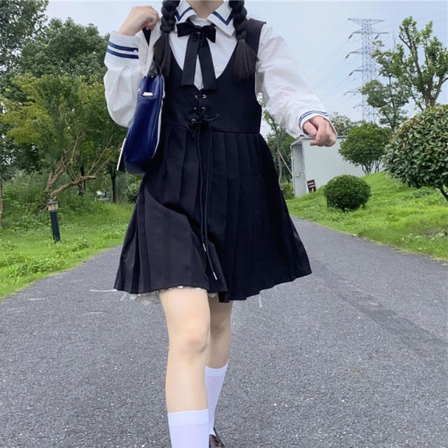 JK Uniform College Style School Uniform Japanese Fashion Bandage High Waist Slim Short Pleated Sleeveless Strap Dress