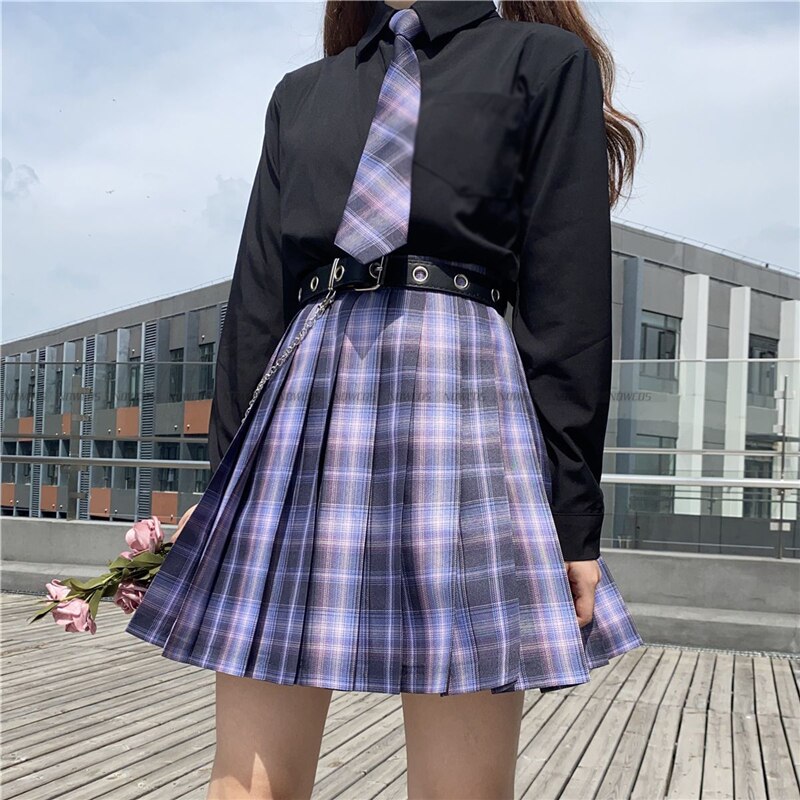 [Romantic Athanasy] Long/Short Sleeve Stundent Lady Girls High Waist Plaid Pleated Skirts JK School Uniform Anime Clothes Black